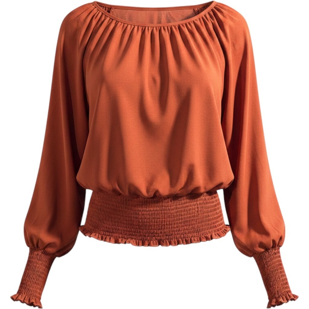 Lyaner Womens Large Rust Orange Boho Smocked Waist Long Sleeve Blouse Boho